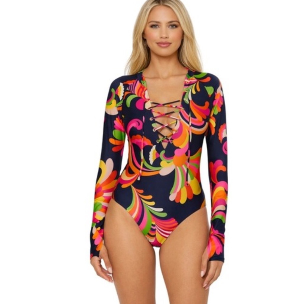 Trina Turk Long Sleeve Paddle Suit Palms Paradise Lace-Up One Piece Swimsuit, XL